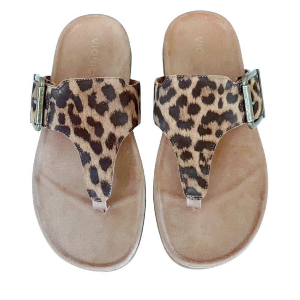 Vionic Emma Suede Leopard Thong Sandals